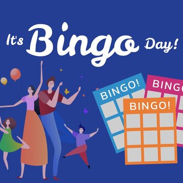 Illustration of family with two children dancing and it's bingo day text with colorful bingo cards