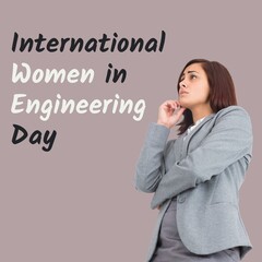 Composite of thoughtful caucasian young female engineer and international women in engineering day