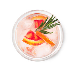Delicious refreshing drink with sicilian orange, fresh rosemary and ice cubes in glass isolated on white, top view