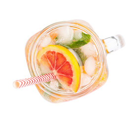 Delicious refreshing drink with sicilian orange, fresh mint and ice cubes in mason jar isolated on...