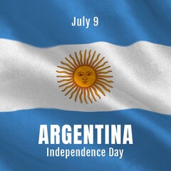Illustration of july 9 and argentina independence day text over argentina national flag, copy space