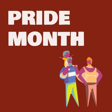 Illustration of gay couple with child and pride month text over brown background, copy space