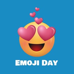 Illustration of smiling face with heart shaped eyes emoji with emoji day text on blue background