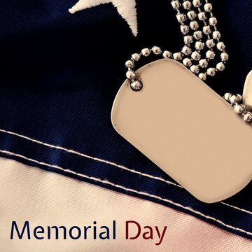 Digital composite image of memorial day text with blank tag and flag, copy space