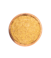 Top view of wooden bowl with french mustard on white background.