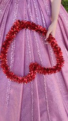 Pink wedding dress of bride, red heart 