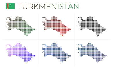Fototapeta na wymiar Turkmenistan dotted map set. Map of Turkmenistan in dotted style. Borders of the country filled with beautiful smooth gradient circles. Trendy vector illustration.
