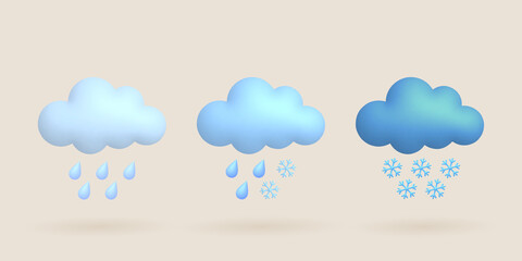 Cute 3d cartoon weather icons set. Cloud, rain, snow, rain drop, snowflake.