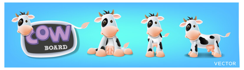 Milk cow board set, Cow blackboard, standing, sitting and different poses vector illustration