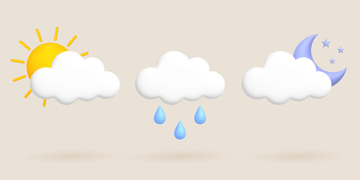 Cute 3d cartoon weather icons set. Sun, moon, cloud, rain, rain drop.