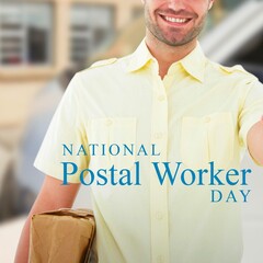 Midsection of smiling young caucasian delivery man with parcel and national postal worker day text