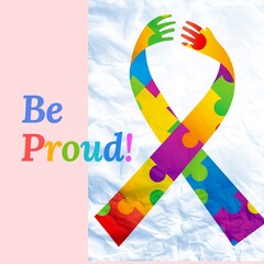 Digital composite image of be proud text and colorful hands pattern on fabric