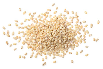 Uncooked highland barley isolated on white background, top view