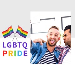Rainbow flags and lgbtq pride text with caucasian gay couple making face while taking selfie