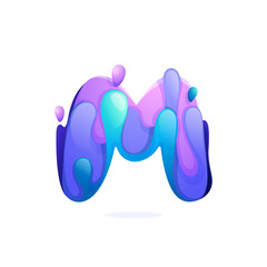 M letter logo with water waves and drops. Pure blue gradient font style.