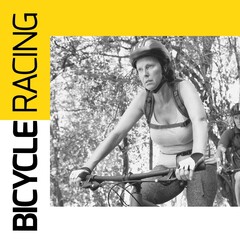 Bicycle racing text on frame and caucasian mature woman cycling during race in forest