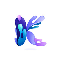 K letter logo with water waves and drops. Pure blue gradient font style.