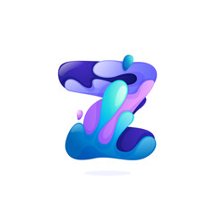 Z letter logo with water waves and drops. Pure blue gradient font style.