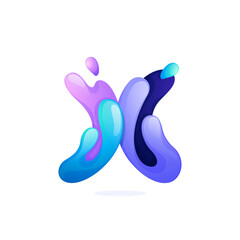 X letter logo with water waves and drops. Pure blue gradient font style.