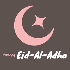 Illustration of pink crescent moon and star with happy eid-al-adha text on black background