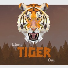 Illustration of tiger face with world tiger day text and pine trees in forest against sky at night
