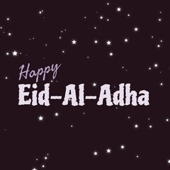 Illustrative image of shining stars and happy eid-al-adha text over black background, copy space