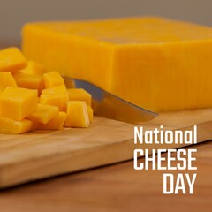 Composite of national cheese day text with yellow cheese cubes, copy space