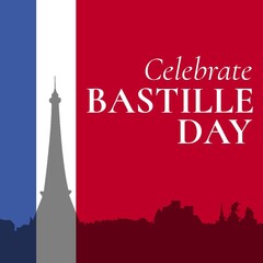 Illustration of celebrate bastille day text with eiffel tower over national flag on france - obrazy, fototapety, plakaty