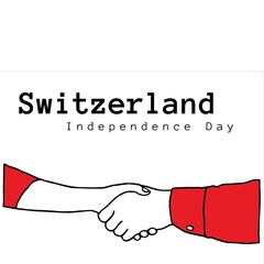 Illustration of cropped hands giving handshake and switzerland independence day text, copy space