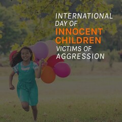 Internationale dag van onschuldige kinderen die het slachtoffer zijn van agressietekst door gelukkig Aziatisch meisje met ballonnen