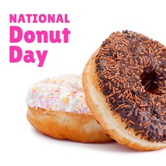 Composite of national donut day text by donuts over white background, copy space