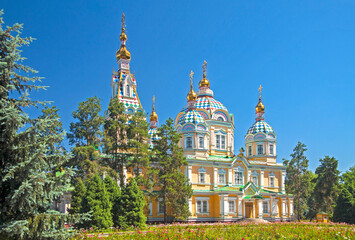Kazakhstan - Almaty - Charming colorful wooden russian orthodox Ascension (Zenkov) cathedral in Panfilov city park