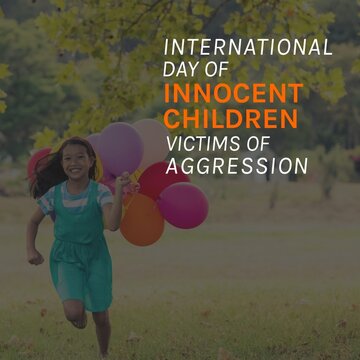 International day of innocent children victims of aggression text by happy asian girl with balloons