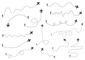 Airplane routes on white background. Romantic travel concept. Airplane line path, vector icon of air plane flight route on white background. Vector illustration.