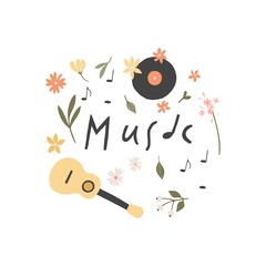 Square summer card with handwritten lettering, summer market elements and seasonal decorations - leaves, flowers, photo camera, sunglasses, seashell. Flat colored vector illustration