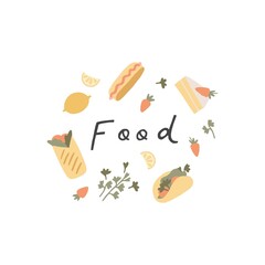 Fast food card banner. Taco, pizza slice, burrito, sandwich, hot dog illustration. Cartoon style fastfood collection elements. Eating, kitchen poster, packaging design concept. Vector illustration 