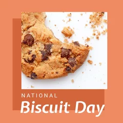 Fotobehang Digital composite of national biscuit day text and chocolate chip biscuit with missing bite on table © vectorfusionart