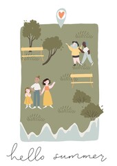 Summer park scene poster. Spring, summer outdoor family, kids event affiche. People in different situations, have fun, dancing, eating, drinking, meeting friends. Vector