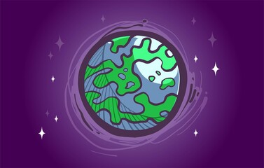 Cartoon planet Earth vector icon with green grass in violet space with shiny stars.