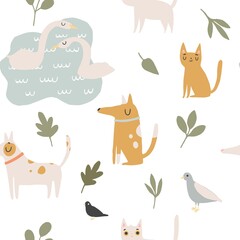 Cute seamless pattern with pets and birds. Dogs, cats, pigeon, swans. Park theme. Vector illustration in cartoon style
