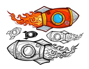 Cartoon red space rocket flying with heart sticker and fire on white background with planets. Isolated vector postcard or t-shirt design.