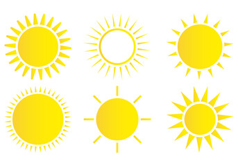 Sun icon set. Weather sun icon. Yellow sun star. Summer elements for design. Vector illustration