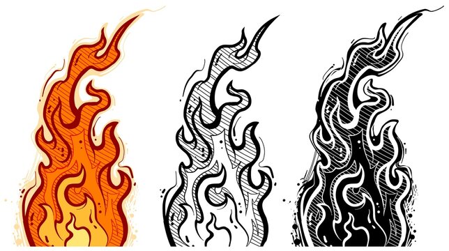 Cartoon hand drawn burning orange fire flames sketch. Isolated on white background. Power, fuel and energy symbol. Layered vector icon set.