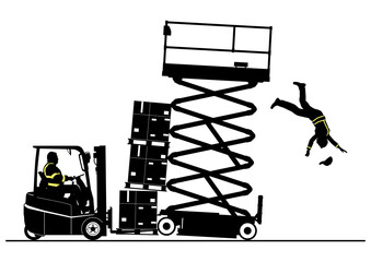 Collision of a forklift with a scissor lift. Warehouse safety concept. Vector silhouettes. - 506661359