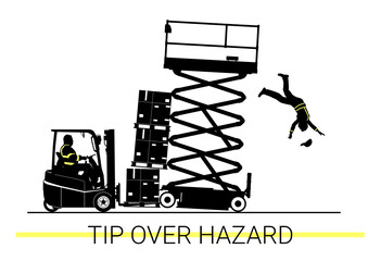 Collision of a forklift with a scissor lift. Warehouse safety concept. Vector silhouettes. © norsob