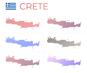 Crete dotted map set. Map of Crete in dotted style. Borders of the island filled with beautiful smooth gradient circles. Amazing vector illustration. - obrazy, fototapety, plakaty