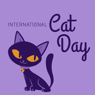 Illustrative image of international cat day text and cat on violet background, copy space