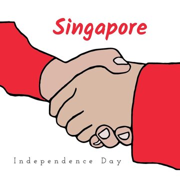 Illustration of singapore independence day text and cropped hands giving handshake, copy space