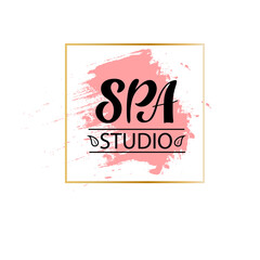 Spa studio.  Logo for company cosmetic business packaging. Digital hand lettering.Black letters on the pastel  powder color in golden square frame. Fashion luxury logotype emblem.