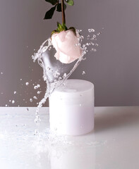 moisture serum ads, watering cosmetic product with essence dripping from flower